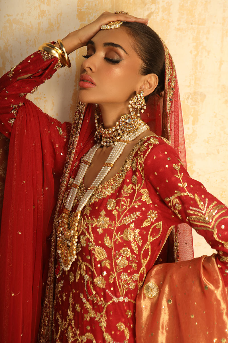 Deep Red Embroidered Cotton Net Bridal Gharara (3-Piece) - Image 8