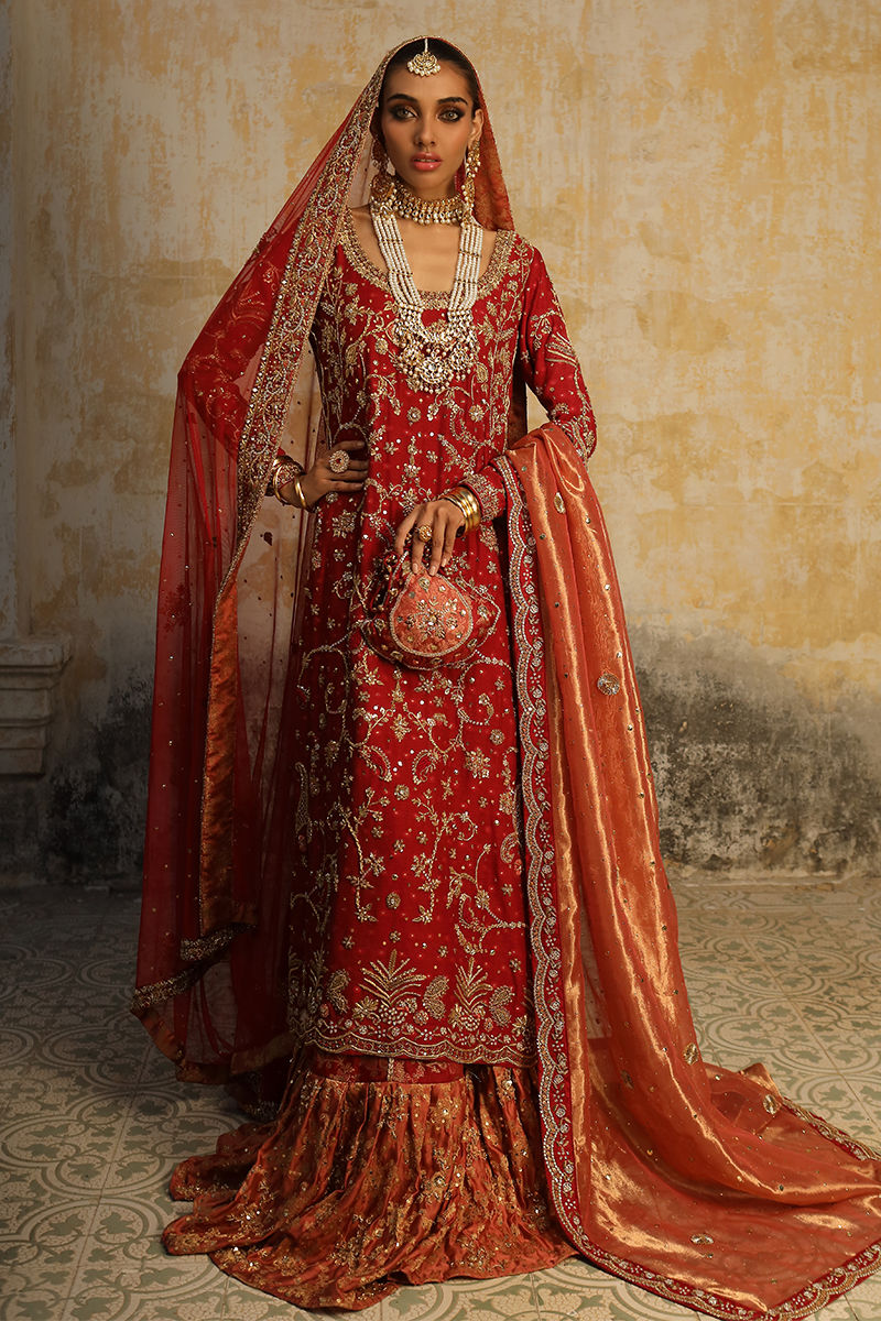Deep Red Embroidered Cotton Net Bridal Gharara (3-Piece) - Image 2