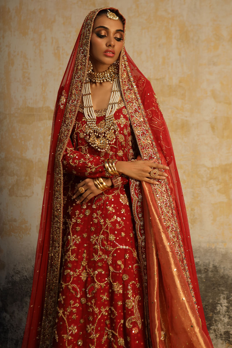 Deep Red Embroidered Cotton Net Bridal Gharara (3-Piece) - Image 4