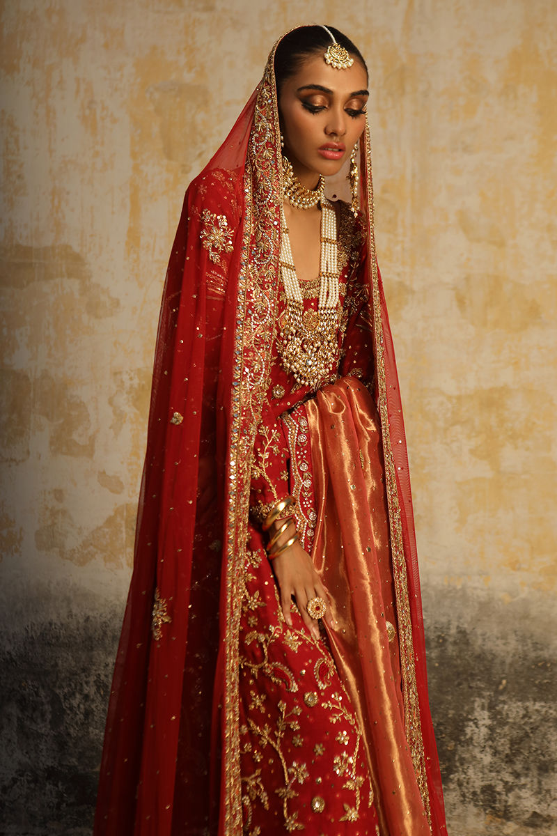 Deep Red Embroidered Cotton Net Bridal Gharara (3-Piece) - Image 5