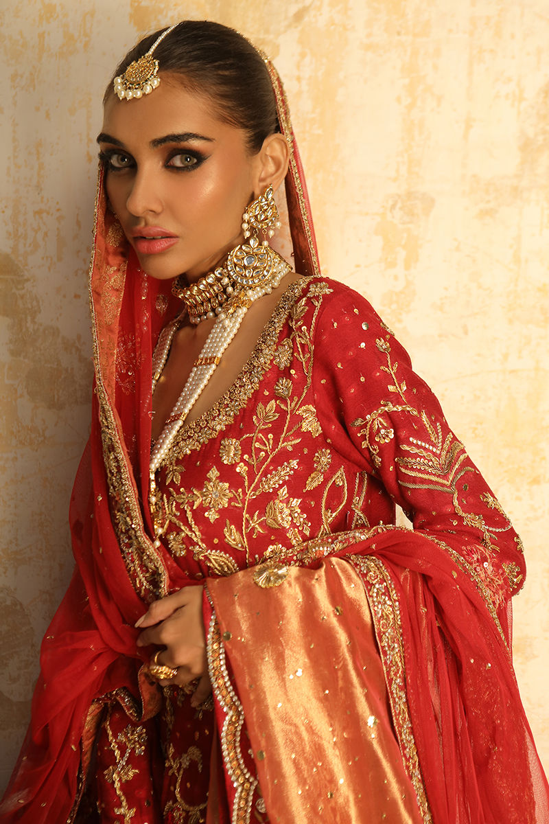 Deep Red Embroidered Cotton Net Bridal Gharara (3-Piece) - Image 7