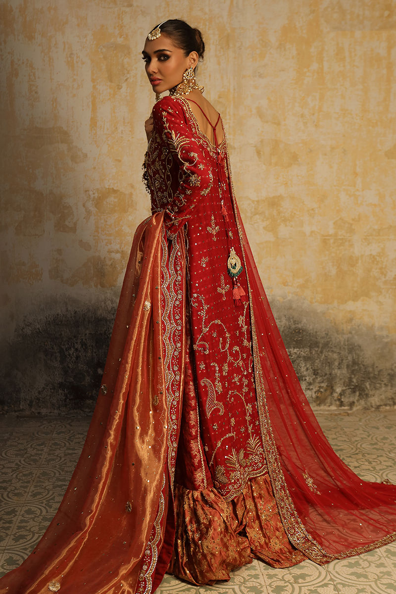 Deep Red Embroidered Cotton Net Bridal Gharara (3-Piece) - Image 8