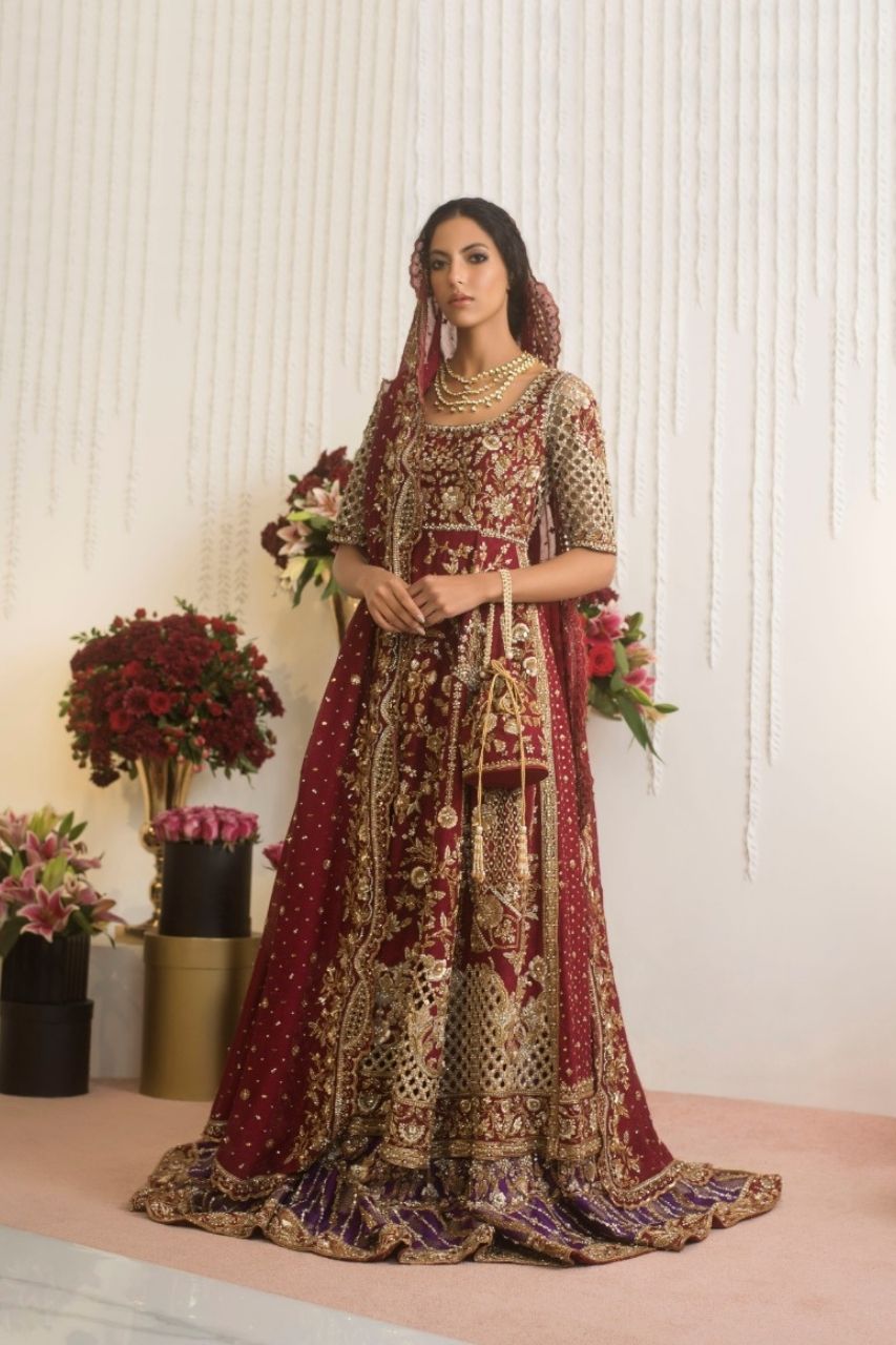 Anaar Red Zardozi Cotton Net Peshwas (3-Piece) - Image 1