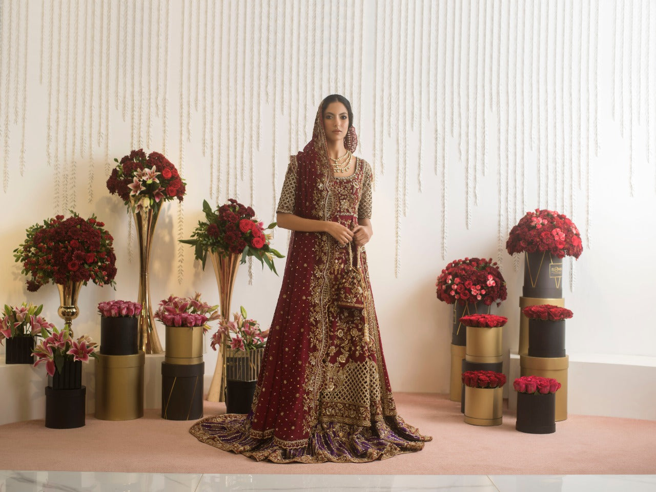 Anaar Red Zardozi Cotton Net Peshwas (3-Piece) - Image 3