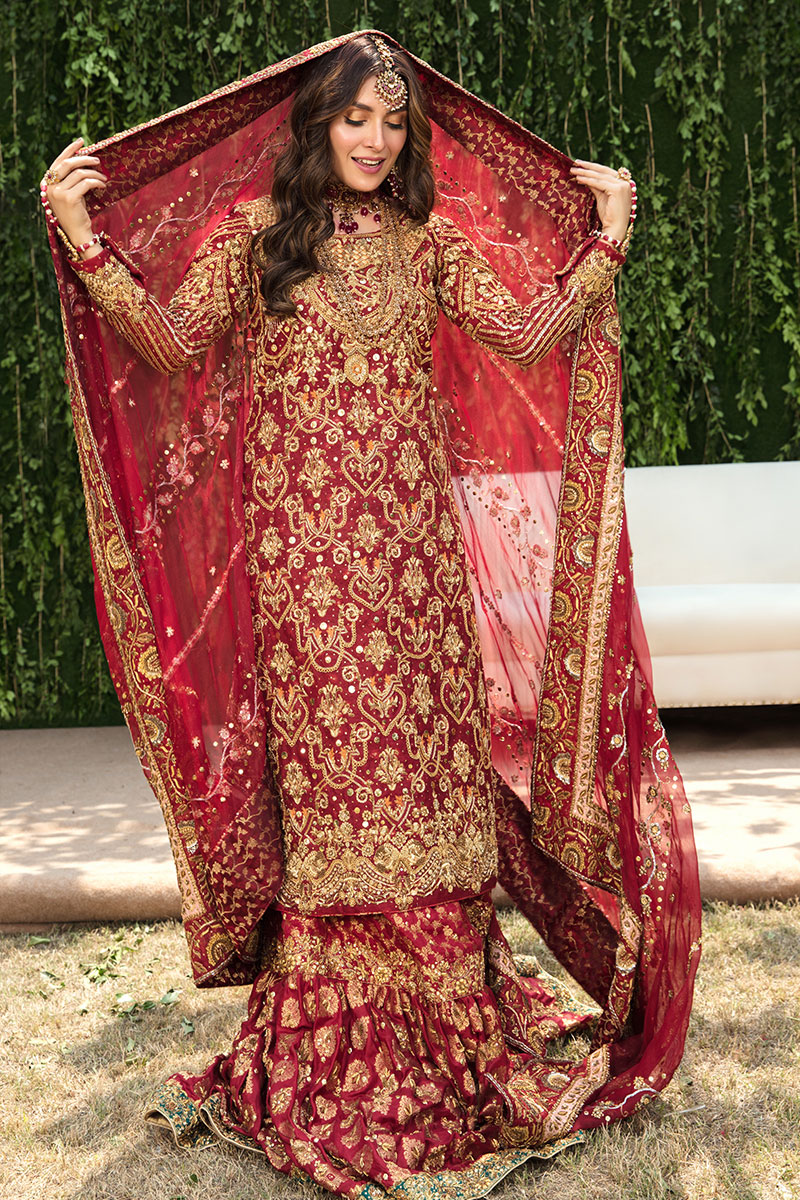 Cardinal Red Embroidered Cotton Net Bridal Gharara (3-Piece) - Image 3