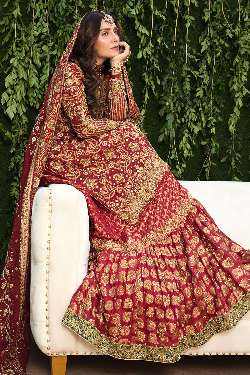 Cardinal Red Embroidered Cotton Net Bridal Gharara (3-Piece) - Image 4