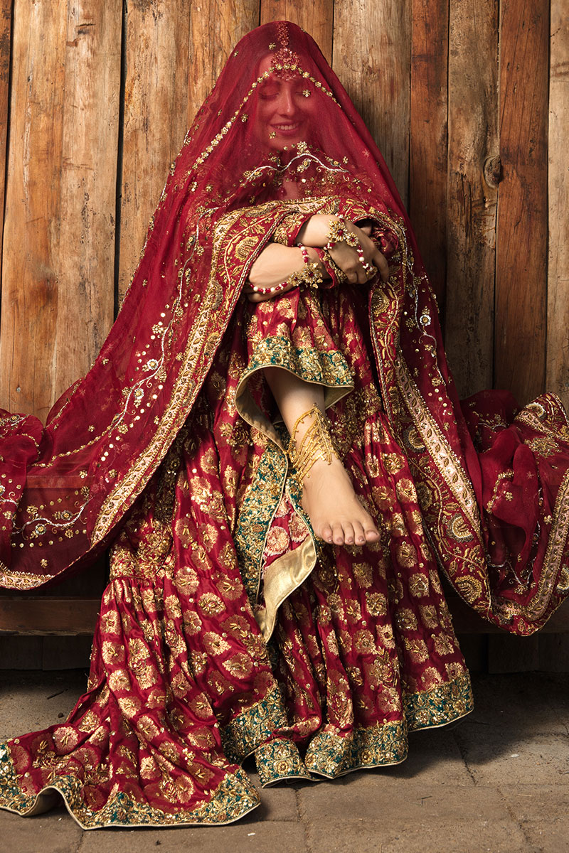 Cardinal Red Embroidered Cotton Net Bridal Gharara (3-Piece) - Image 5