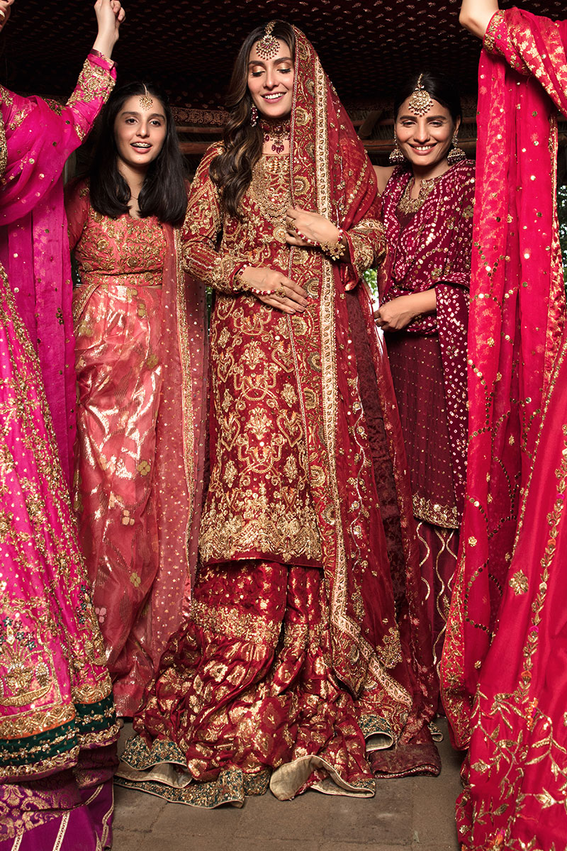 Cardinal Red Embroidered Cotton Net Bridal Gharara (3-Piece) - Image 6