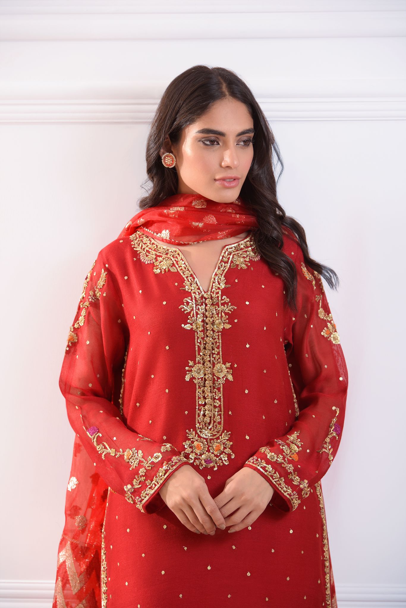 Red Zardozi Cotton Net Gharara Set (3-Piece) - Image 2