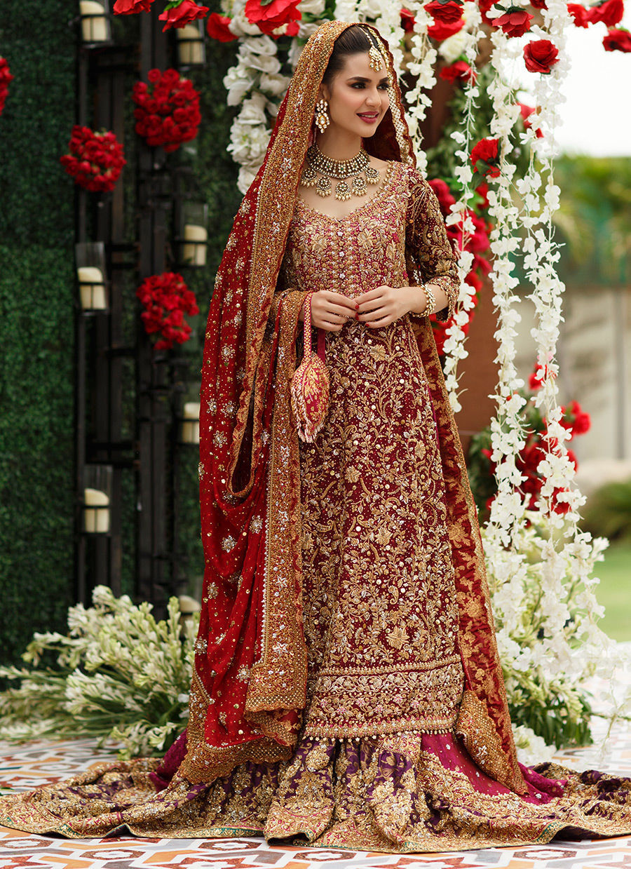 Deep Crimson Zardozi Cotton Net Bridal Gharara (3-Piece) - Image 1