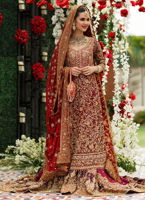 Deep Crimson Zardozi Cotton Net Bridal Gharara (3-Piece) - Image 2