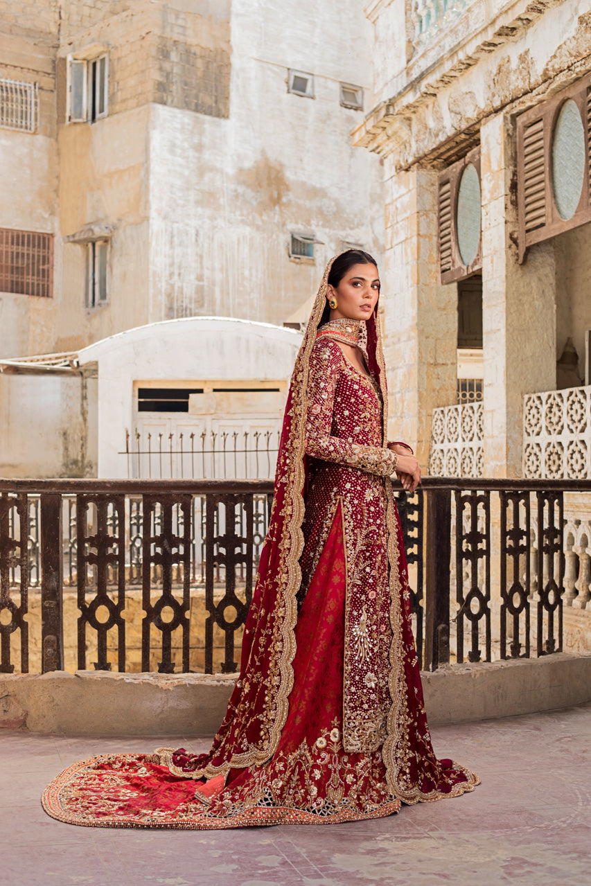Pakistani Garnet Zardozi Cotton Net Bridal Gharara (3-Piece) - Image 3