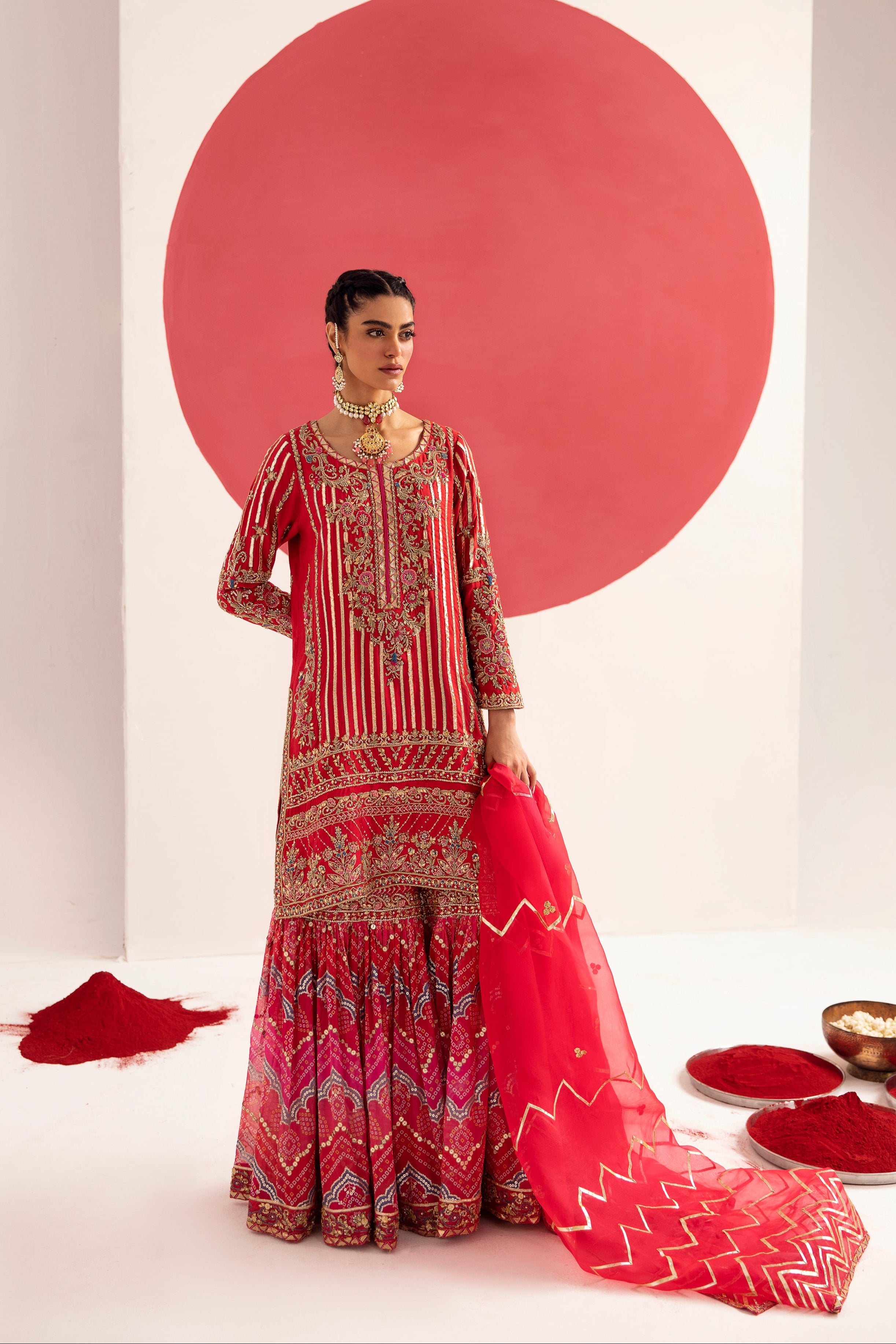 Tango Red Zardozi Cotton Silk Gharara Set (3-Piece) - Image 2