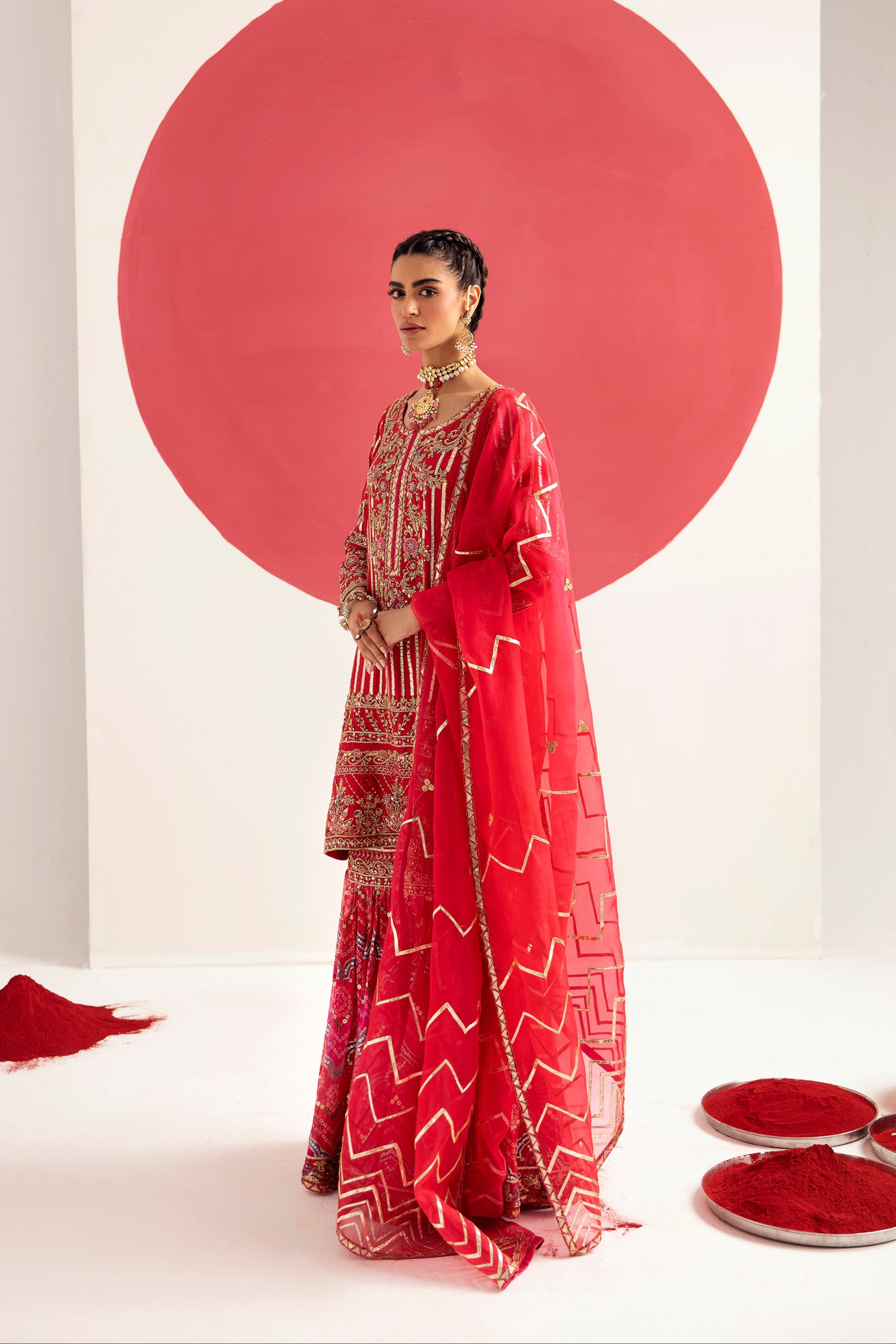 Tango Red Zardozi Cotton Silk Gharara Set (3-Piece) - Image 3