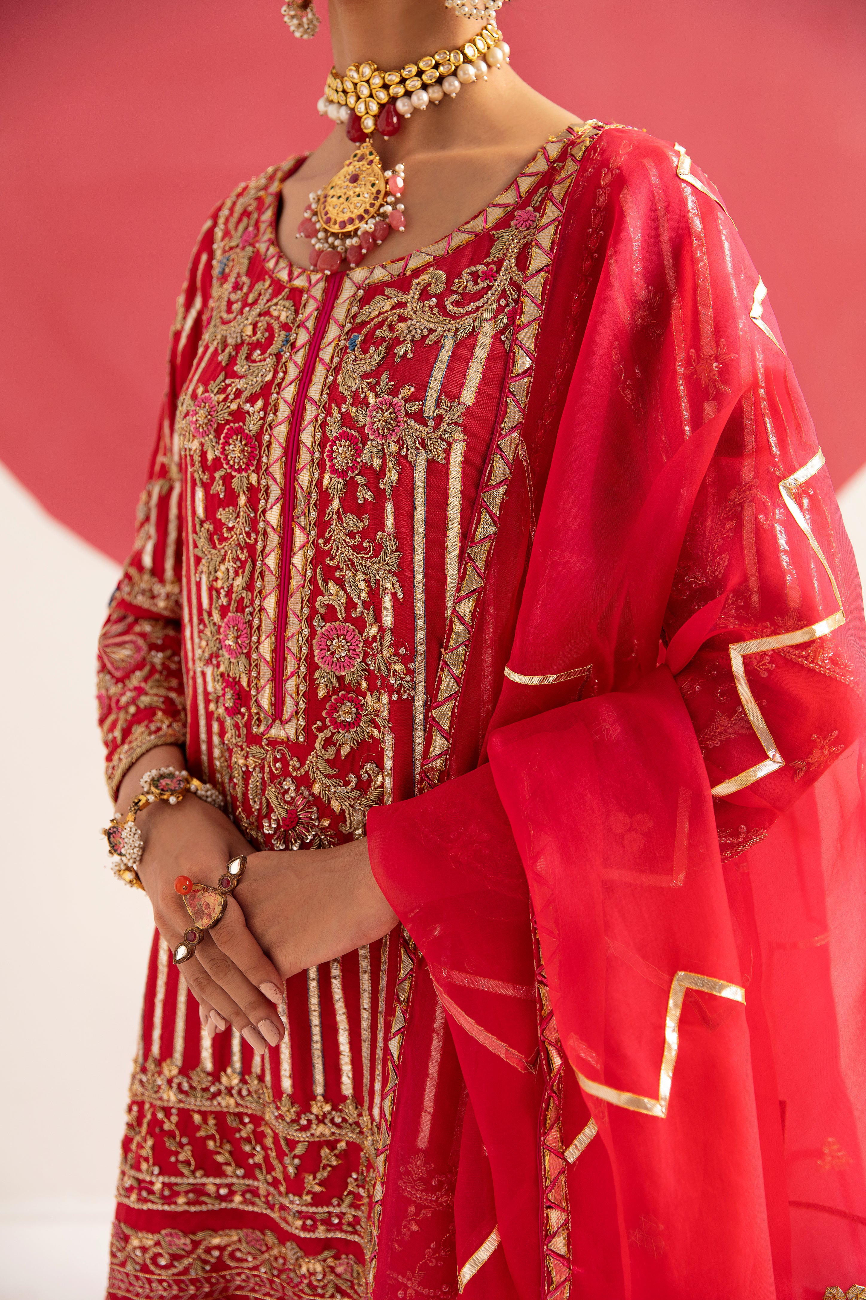 Tango Red Zardozi Cotton Silk Gharara Set (3-Piece) - Image 4