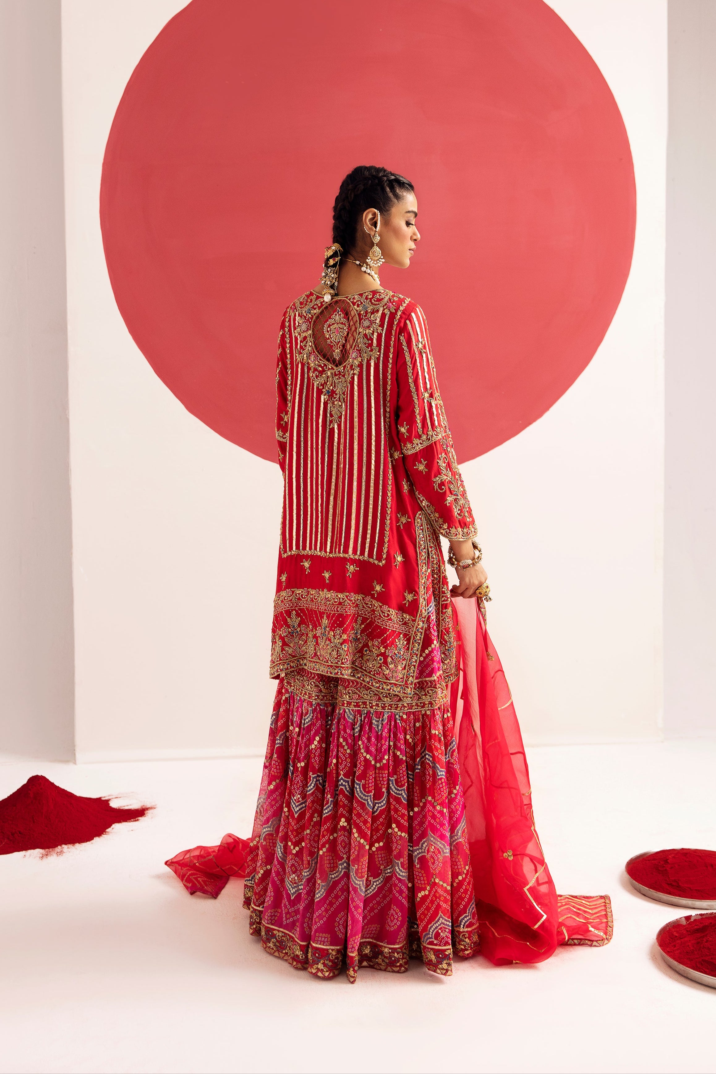 Tango Red Zardozi Cotton Silk Gharara Set (3-Piece) - Image 5