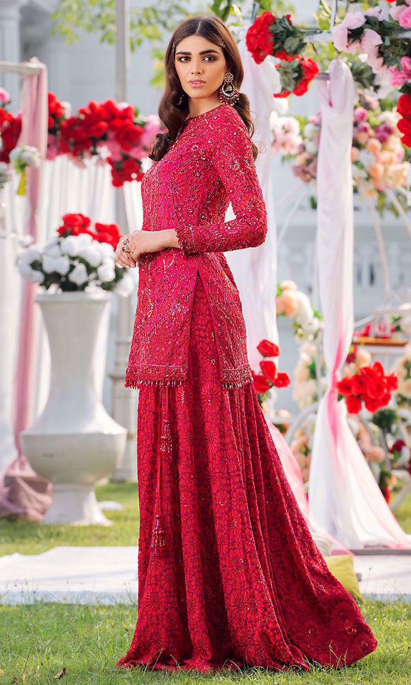 Red Threadwork & Crystal Embellished Net Gharara (2-Piece) - Image 2