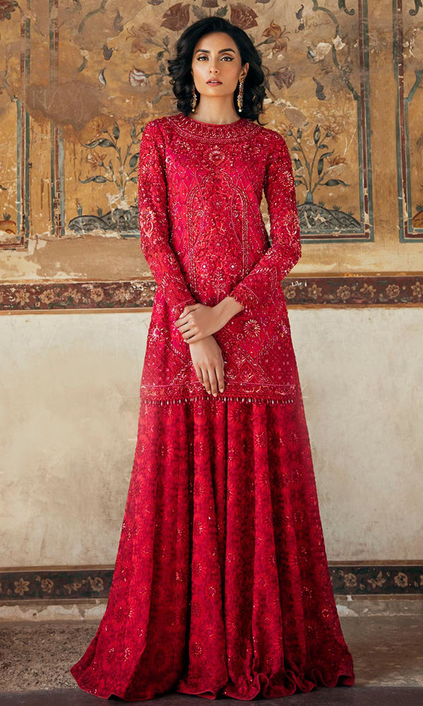 Red Threadwork & Crystal Embellished Net Gharara (2-Piece) - Image 4