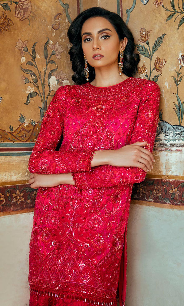 Red Threadwork & Crystal Embellished Net Gharara (2-Piece) - Image 5