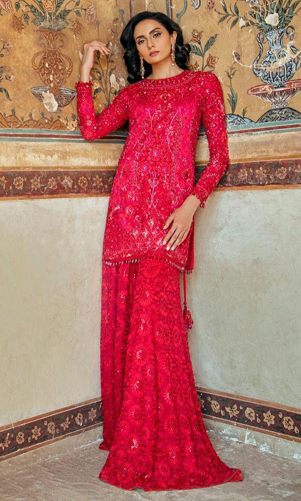 Red Threadwork & Crystal Embellished Net Gharara (2-Piece) - Image 6