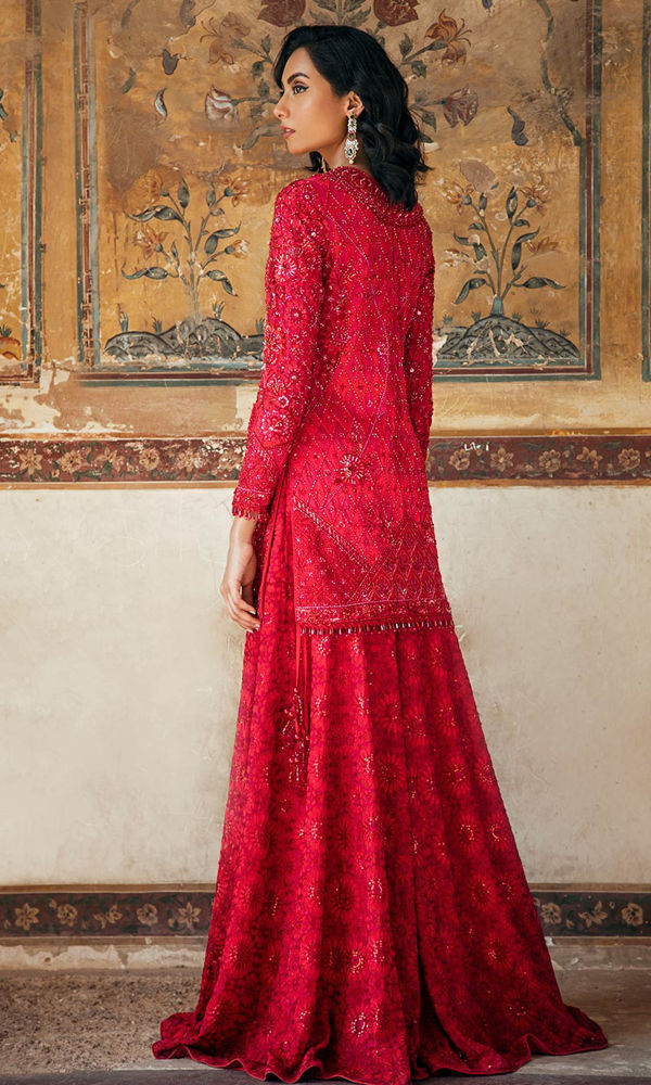 Red Threadwork & Crystal Embellished Net Gharara (2-Piece) - Image 8