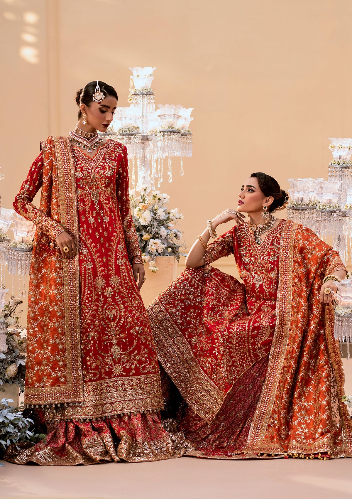 Vermilion Embroidered Silk Bridal Gharara (3-Piece) - Image 1