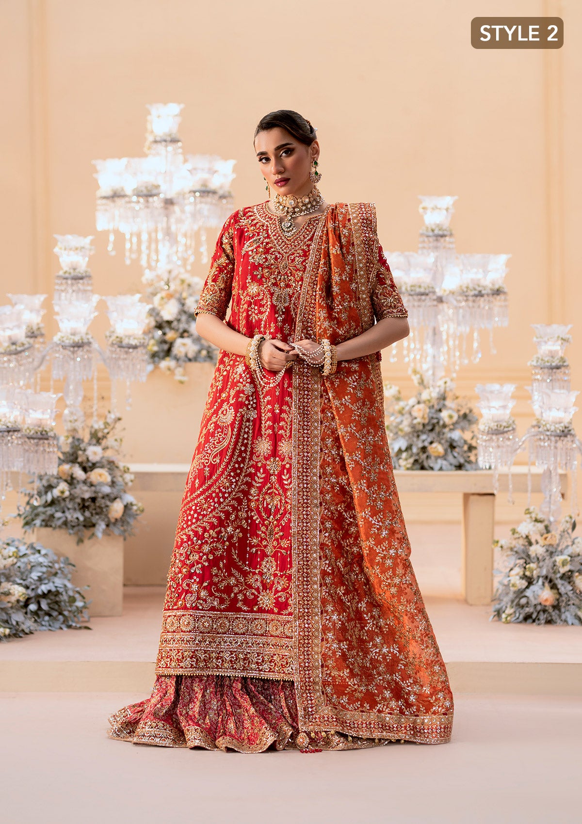 Vermilion Embroidered Silk Bridal Gharara (3-Piece) - Image 10