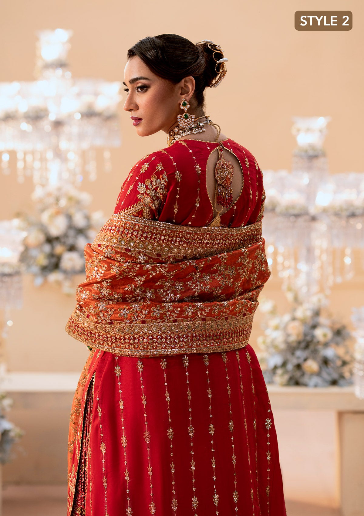 Vermilion Embroidered Silk Bridal Gharara (3-Piece) - Image 11