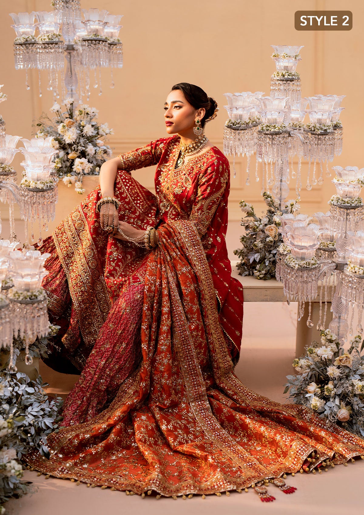 Vermilion Embroidered Silk Bridal Gharara (3-Piece) - Image 12