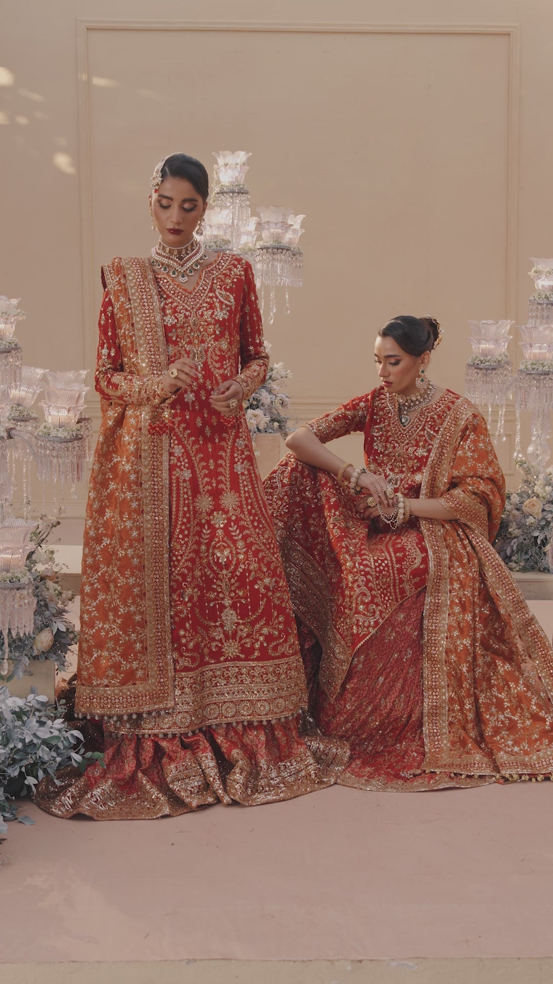 Vermilion Embroidered Silk Bridal Gharara (3-Piece) - Image 13