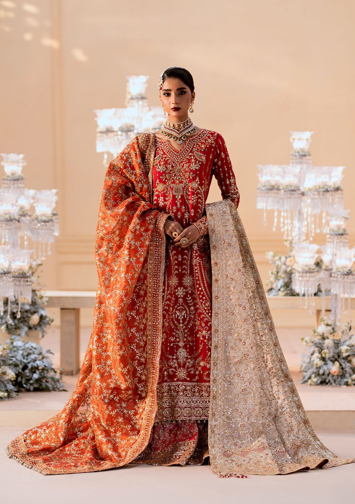 Vermilion Embroidered Silk Bridal Gharara (3-Piece) - Image 2