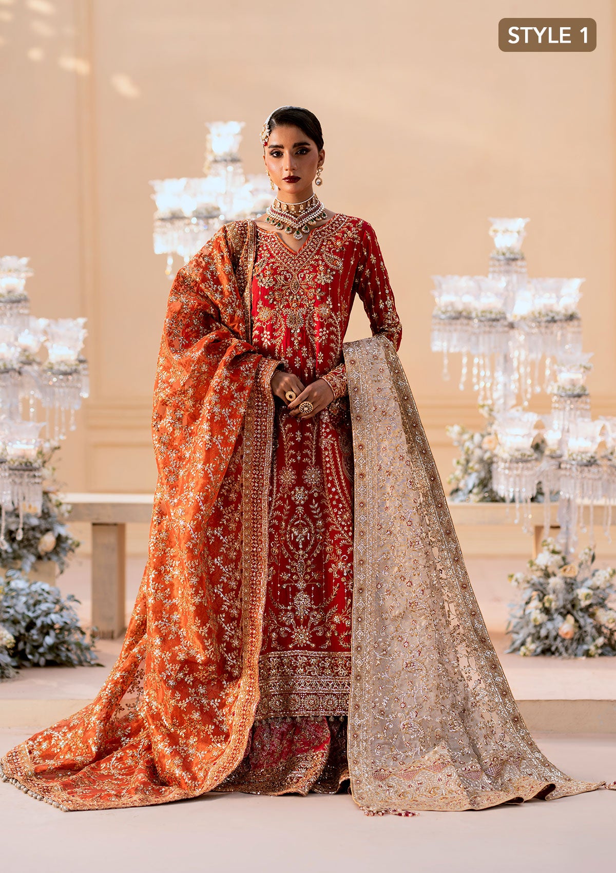 Vermilion Embroidered Silk Bridal Gharara (3-Piece) - Image 3