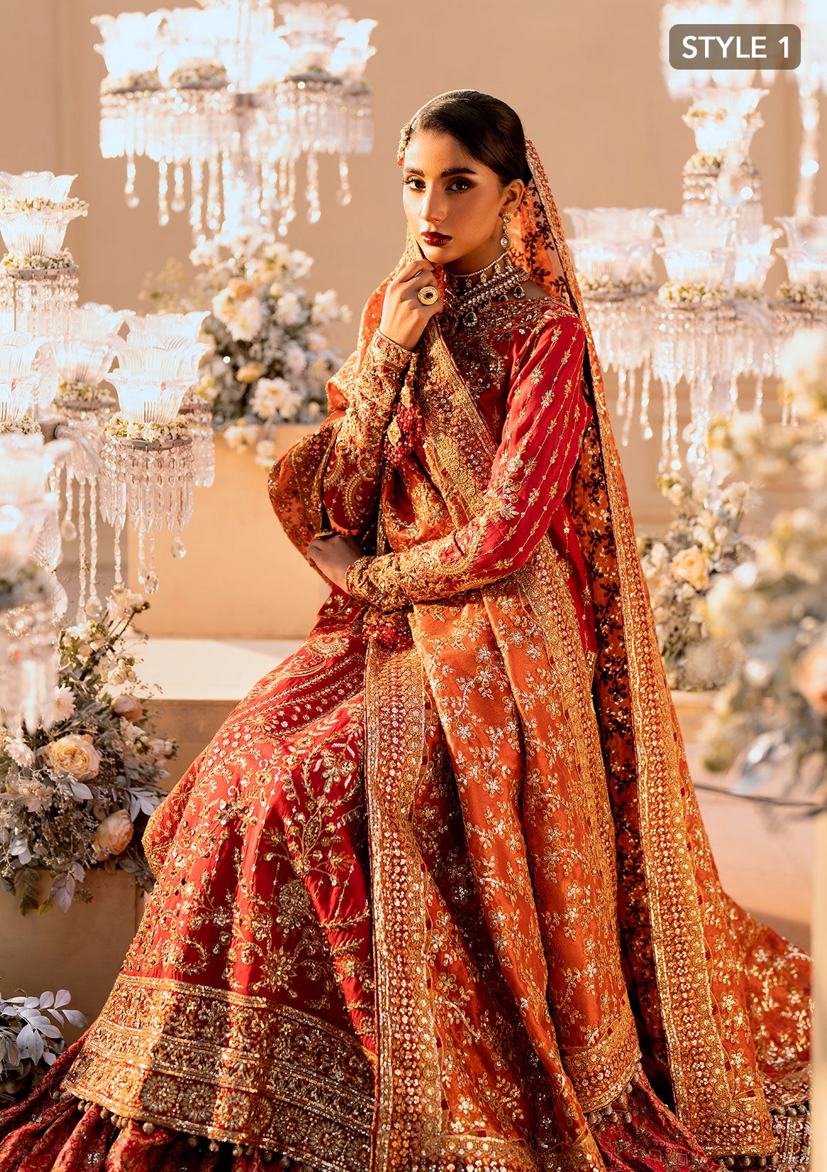 Vermilion Embroidered Silk Bridal Gharara (3-Piece) - Image 4
