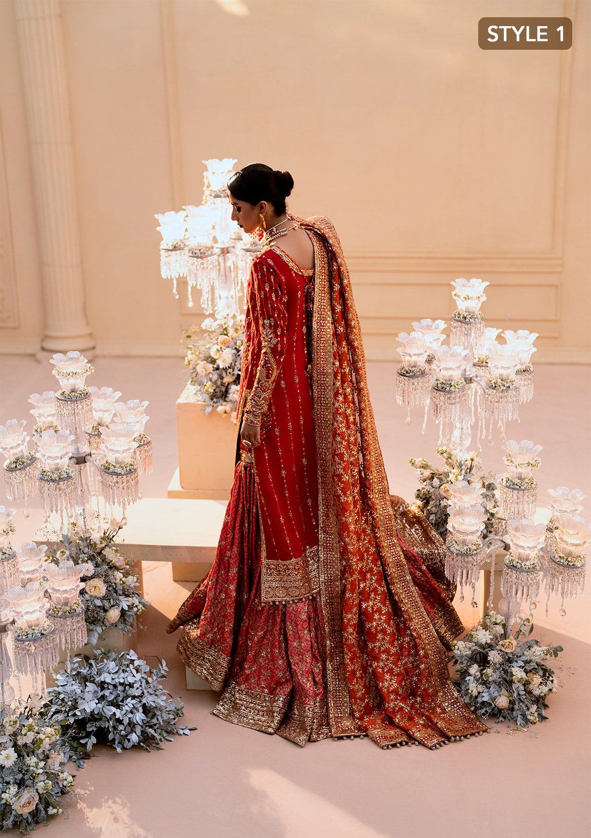 Vermilion Embroidered Silk Bridal Gharara (3-Piece) - Image 5