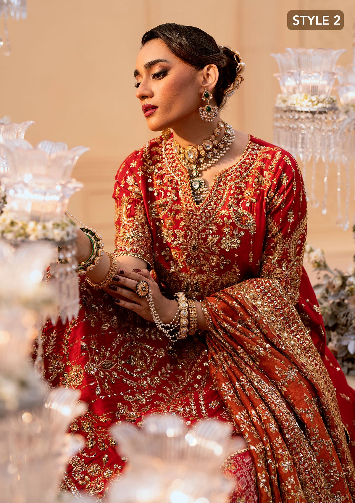 Vermilion Embroidered Silk Bridal Gharara (3-Piece) - Image 9