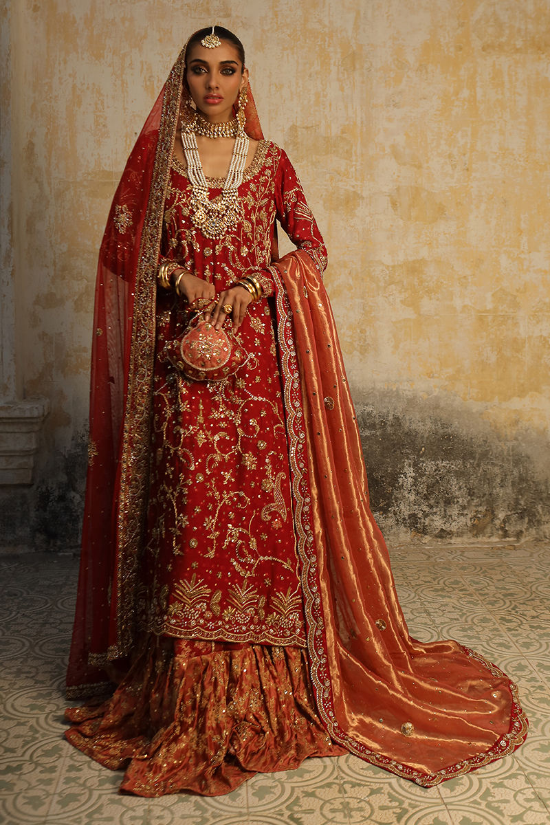 Indian Deep Red Embroidered Cotton Net Bridal Gharara (3-Piece) - Image 1
