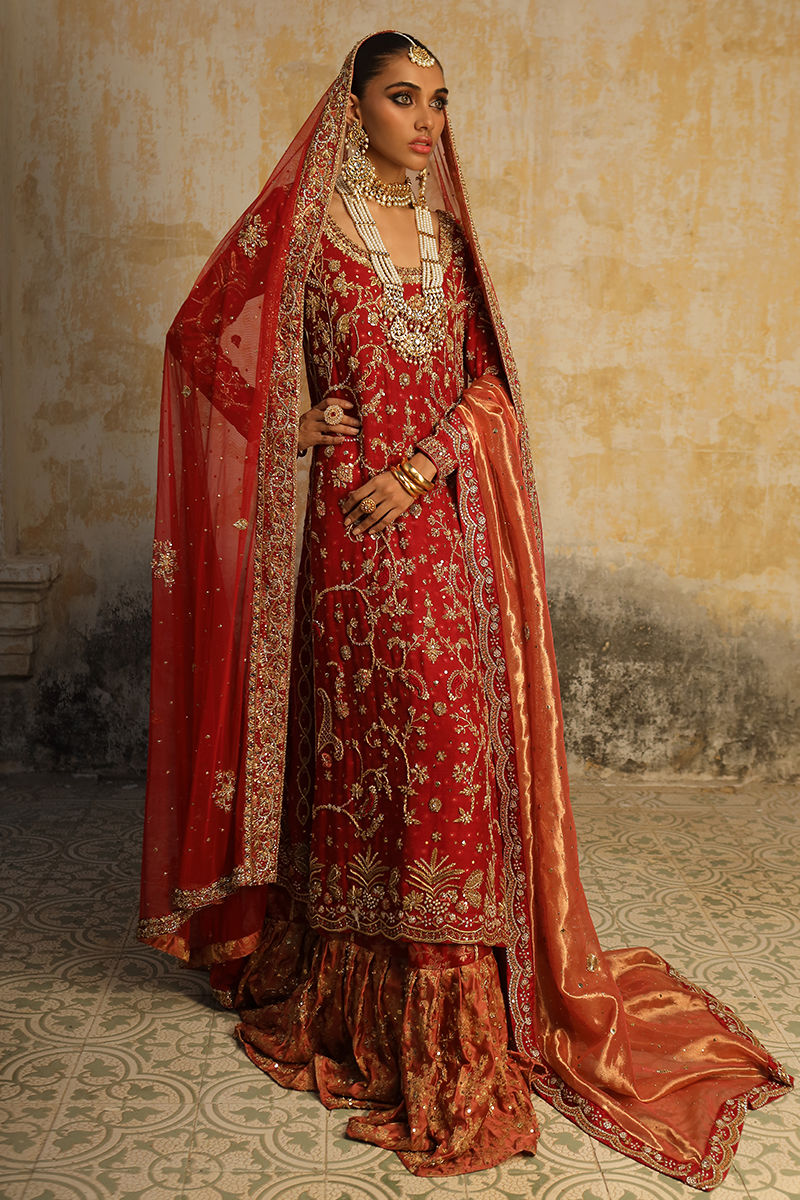 Indian Deep Red Embroidered Cotton Net Bridal Gharara (3-Piece) - Image 3