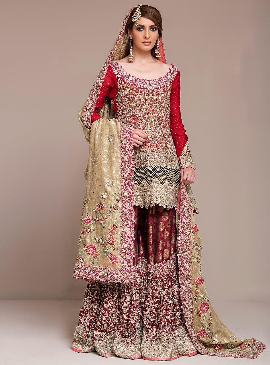 Red & Maroon Embellished Khaadi Jamawar Gharara (3-Piece) - Image 1