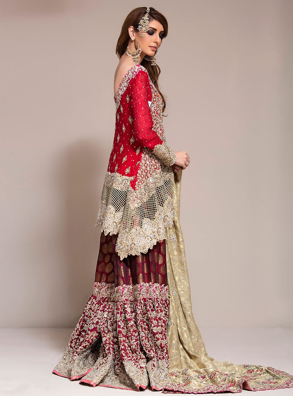 Red & Maroon Embellished Khaadi Jamawar Gharara (3-Piece) - Image 2