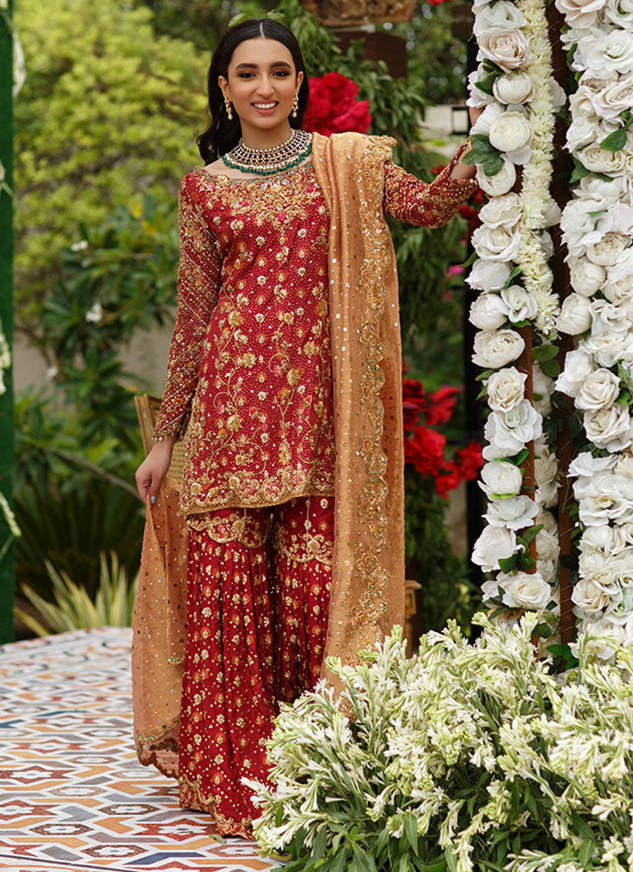 Pakistani Deep Red Embroidered Jamawar Gharara (3-Piece) - Image 1