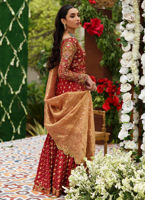 Pakistani Deep Red Embroidered Jamawar Gharara (3-Piece) - Image 4