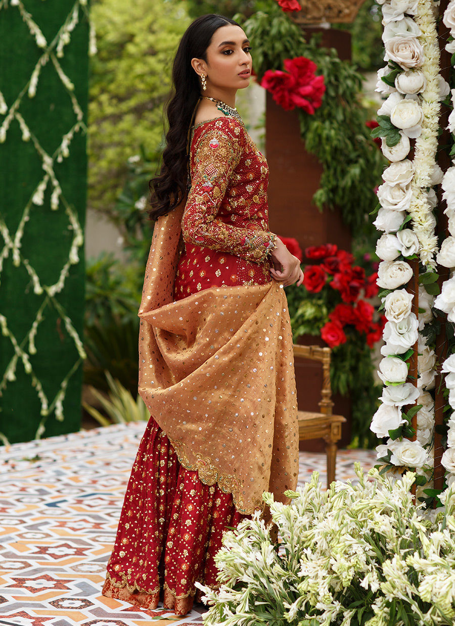 Pakistani Deep Red Embroidered Jamawar Gharara (3-Piece) - Image 5