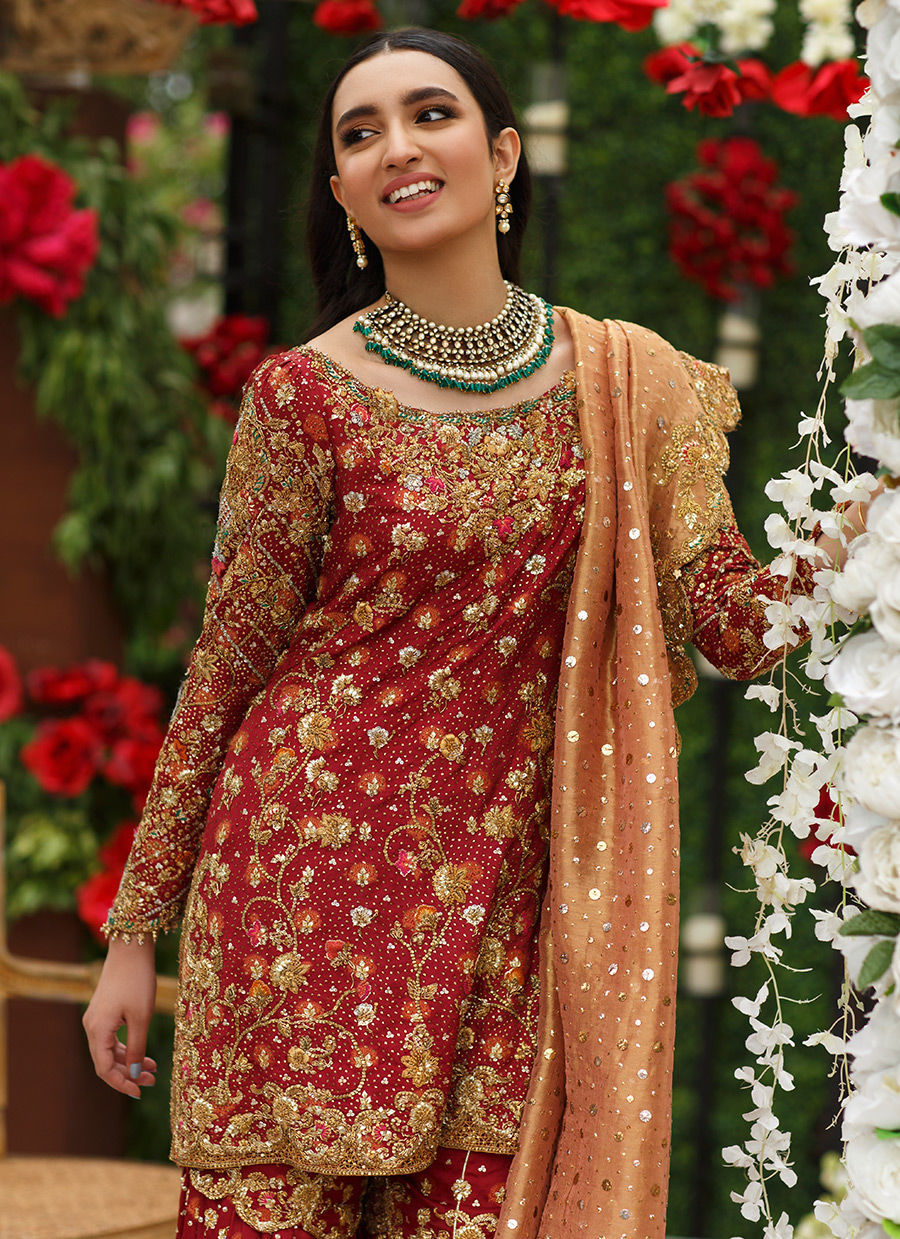 Pakistani Deep Red Embroidered Jamawar Gharara (3-Piece) - Image 6