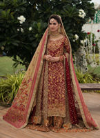 Pakistani Red Zardozi Cotton Net & Jamawar Farshi Gharara (3-Piece) - Image 1