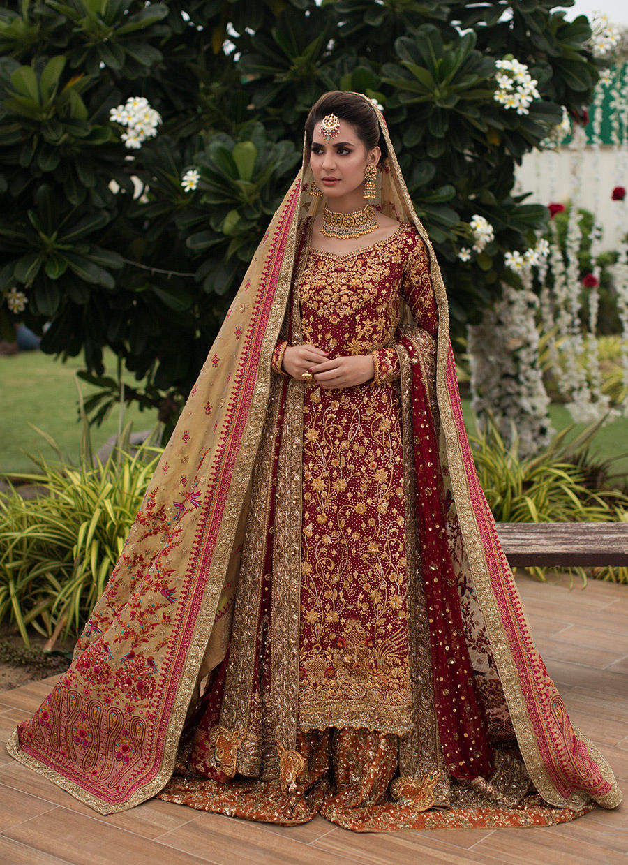 Pakistani Red Zardozi Cotton Net & Jamawar Farshi Gharara (3-Piece) - Image 2