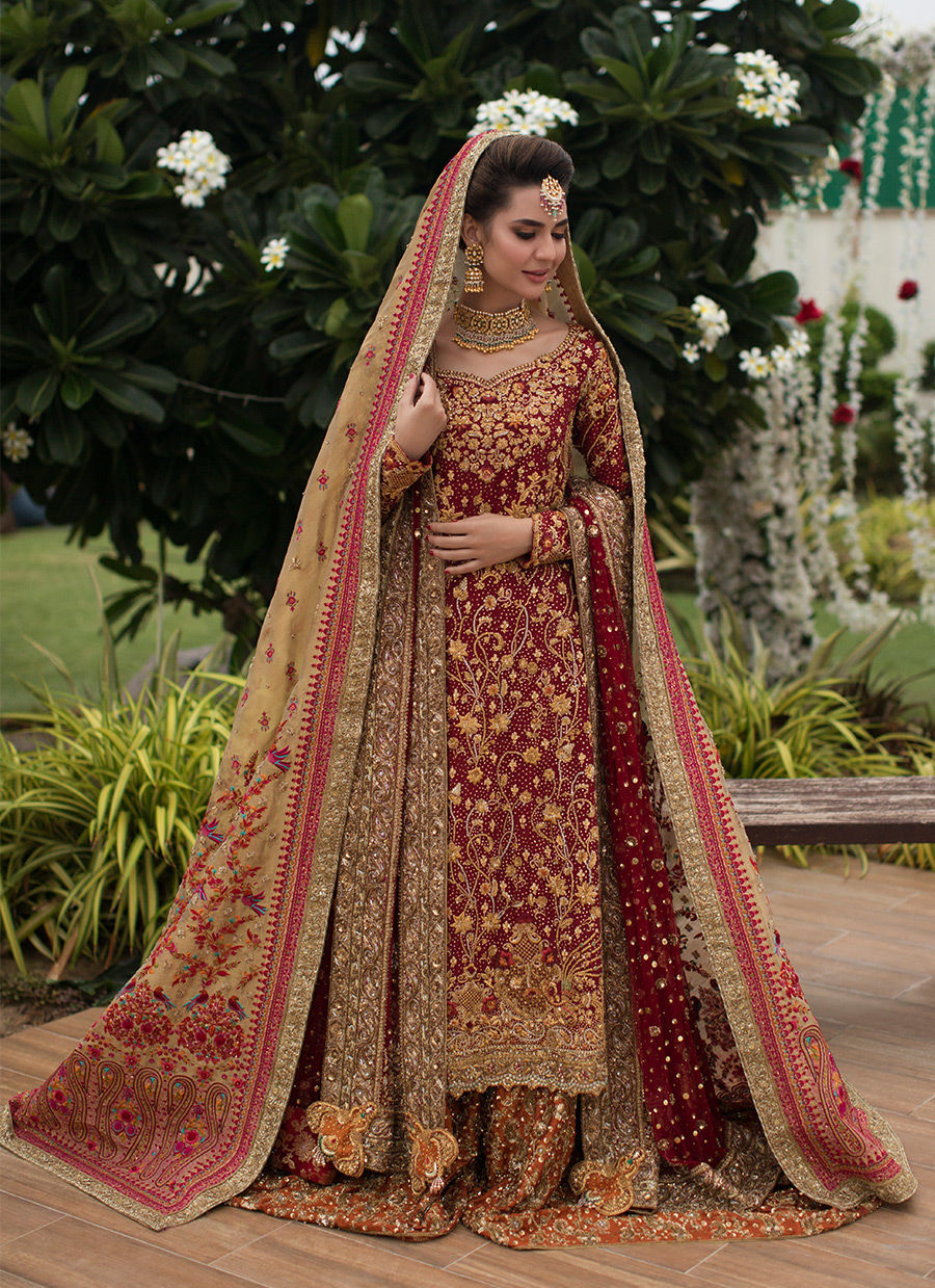 Pakistani Red Zardozi Cotton Net & Jamawar Farshi Gharara (3-Piece) - Image 3