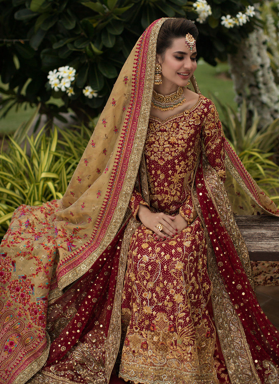 Pakistani Red Zardozi Cotton Net & Jamawar Farshi Gharara (3-Piece) - Image 4