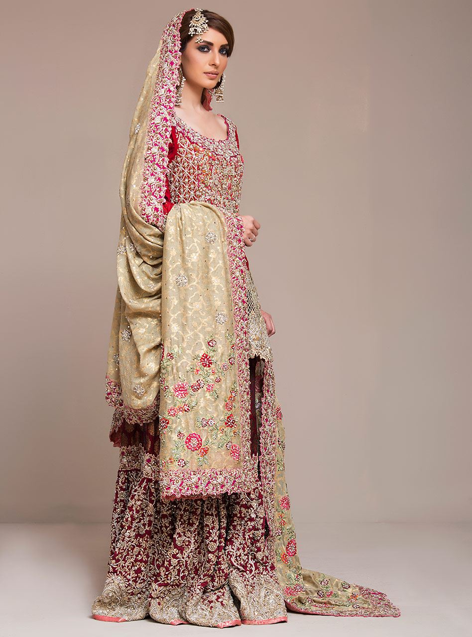 Pakistani Red & Maroon Embellished Khaadi Bridal Gharara (3-Piece) - Image 3