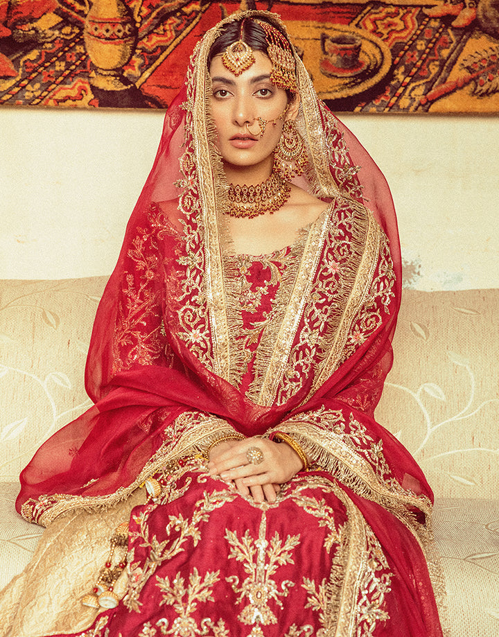 Crimson Red Handworked Silk Gharara Set (3-Piece) - Image 1