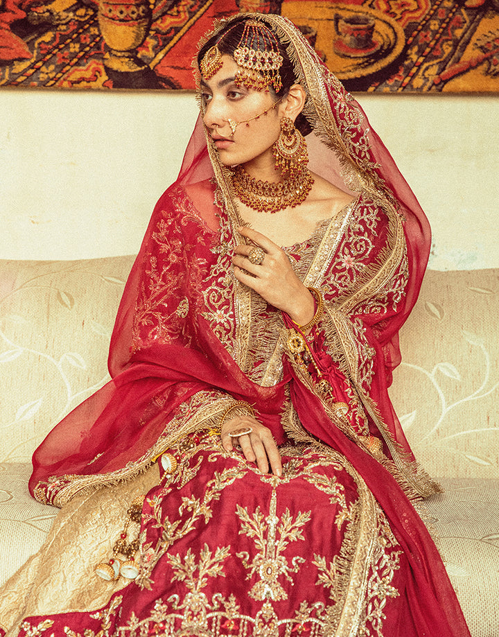 Crimson Red Handworked Silk Gharara Set (3-Piece) - Image 11